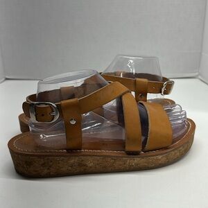 Kjacques Sandals Open Toe Strappy Platform Shoes Leather Tan Brown Size 40 US 9